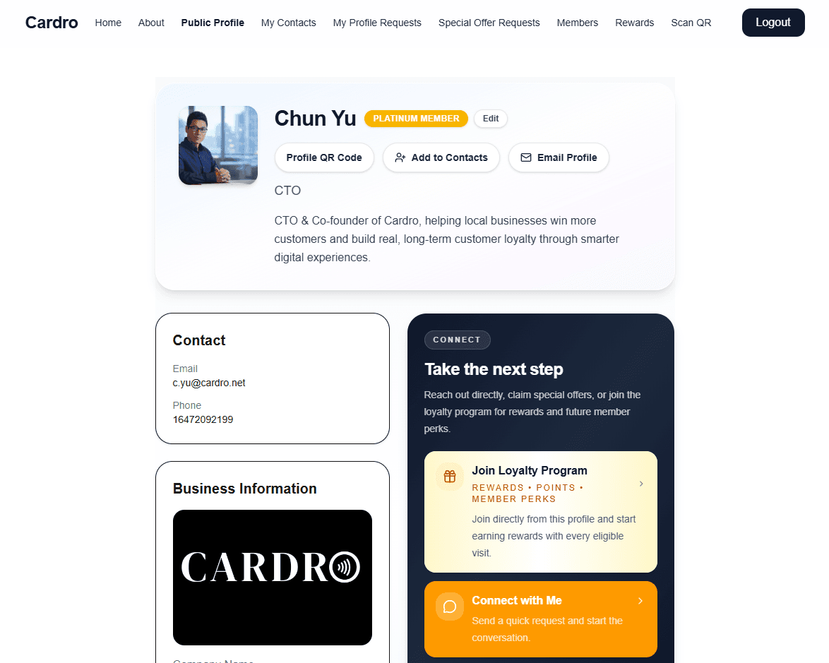 Cardro public profile showing loyalty and connect actions
